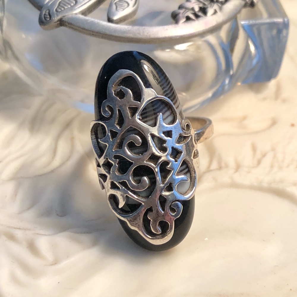 Botswana Agate Black Sterling Silver Ring Sz 7